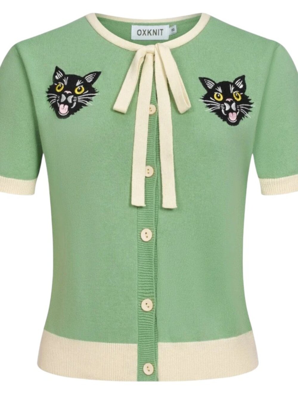 OXKNIT Women’s Mint Green Black Cat Bow Knit Cardigan Top M NWT